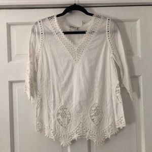 Miss Kelly White Crochet V-Neck 3/4 Sleeve Top S